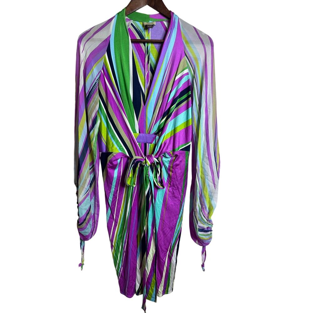 Issa London 100% Silk Dress size US 12 Multicolor Stripe Faux Wrap Tie Front
